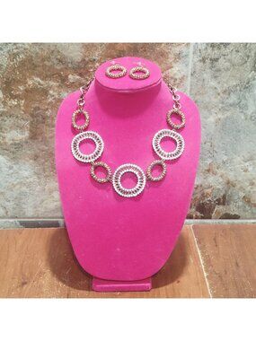 Statement Jewelry Set Gold Toned Chunky Circle Link Necklace and Hoop Earrings